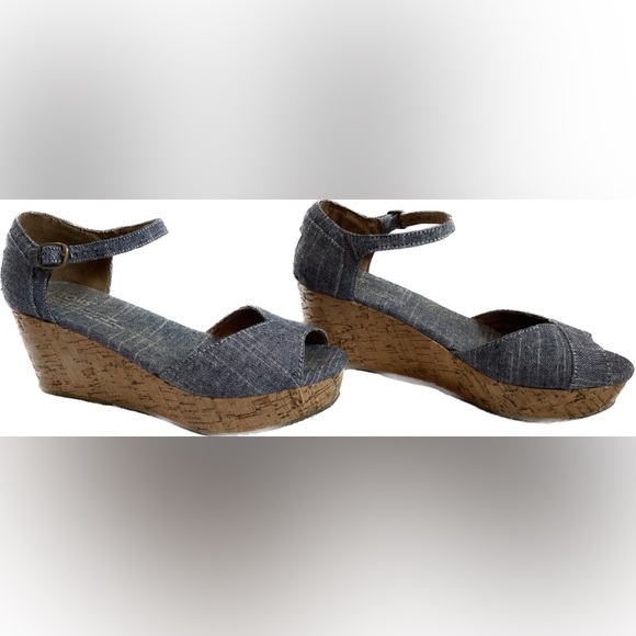 Toms Chambray Denim & Cork Platform Peep Toe Wedge - Picture 3 of 6